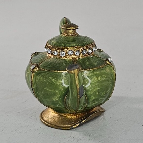 Miniature Green Teapot Candle Snuffer Rhinestone Accents Gold Trim Lead Enamel - Picture 2 of 9